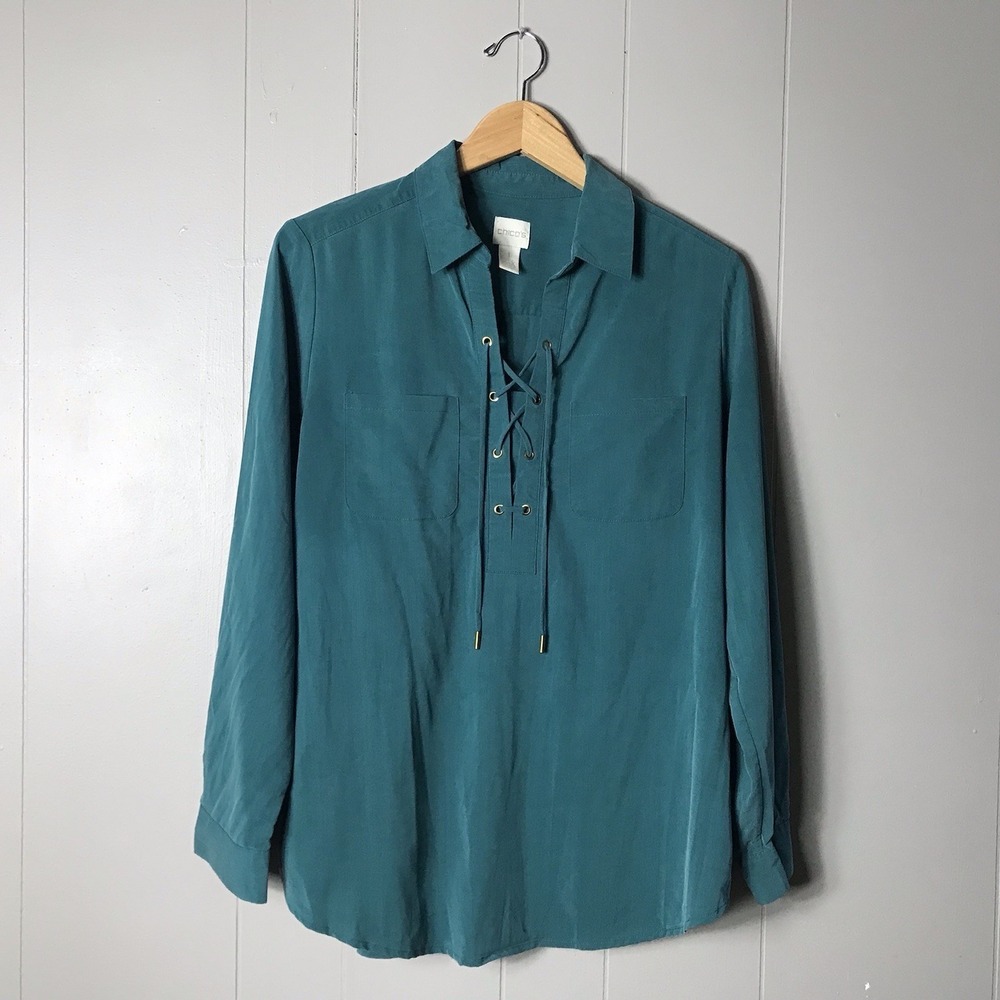 CHICO'S TEAL GREEN LACE UP TUNIC LONG SLEEVE SHIRT SILKY MODAL WOMENS MEDIUM